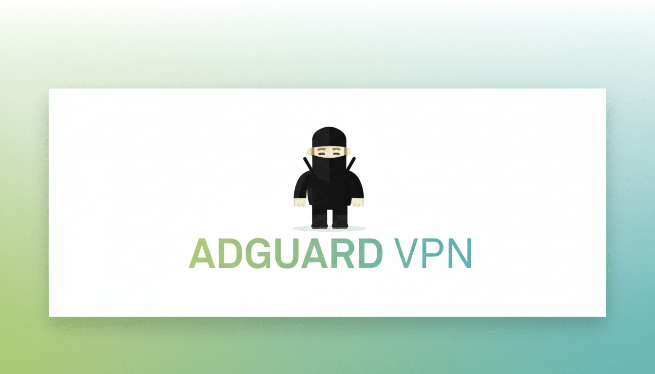 The AdGuard VPN logo, featuring a cartoon ninja character above the text ADGUARD VPN, presented on a white background with a subtle green and blue gradient border, resized to a 16:9 aspect ratio.