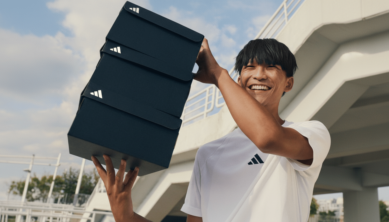 A smiling man in a white Adidas shirt holding a stack of three black Adidas shoeboxes outdoors.