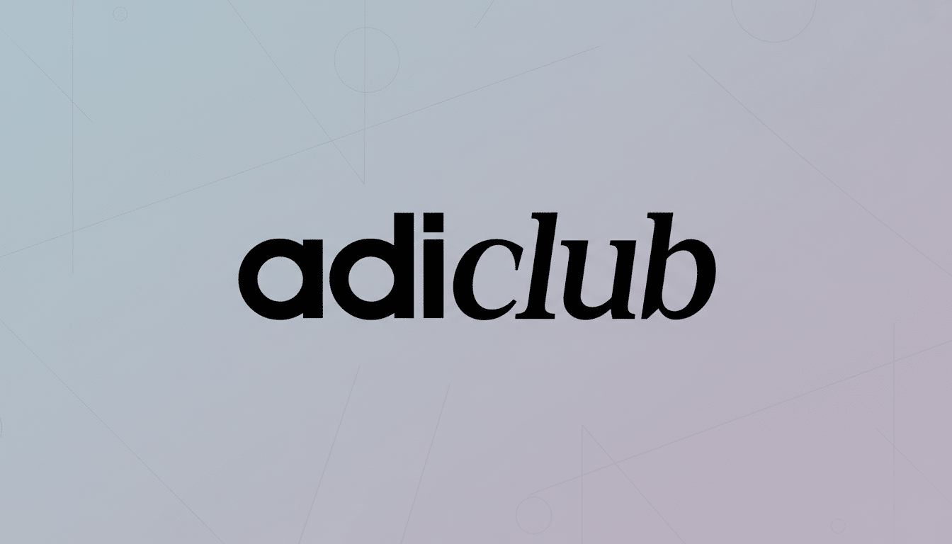The Adiclub logo, featuring the word adiclub in a bold, sans-serif font, centered on a professional flat design background with soft gradients and subtle geometric patterns.