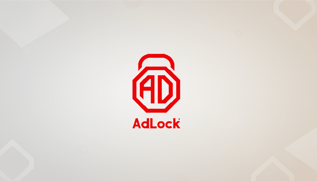 The AdLock logo, featuring a red stylized padlock with the letters AD inside, centered on a professional light gray background with subtle geometric patterns.