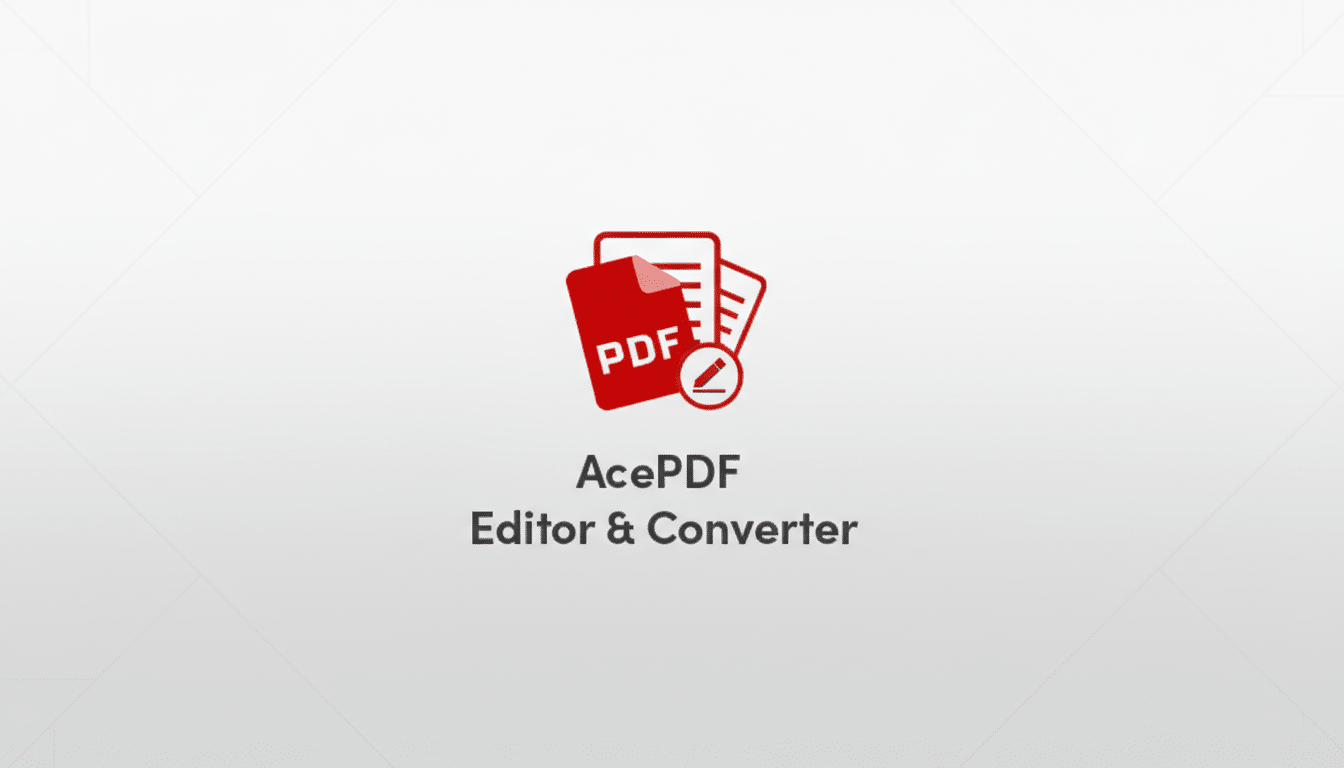 The AcePDF Editor & Converter logo, featuring a red PDF icon with a pencil, centered on a light gray background with subtle geometric patterns.