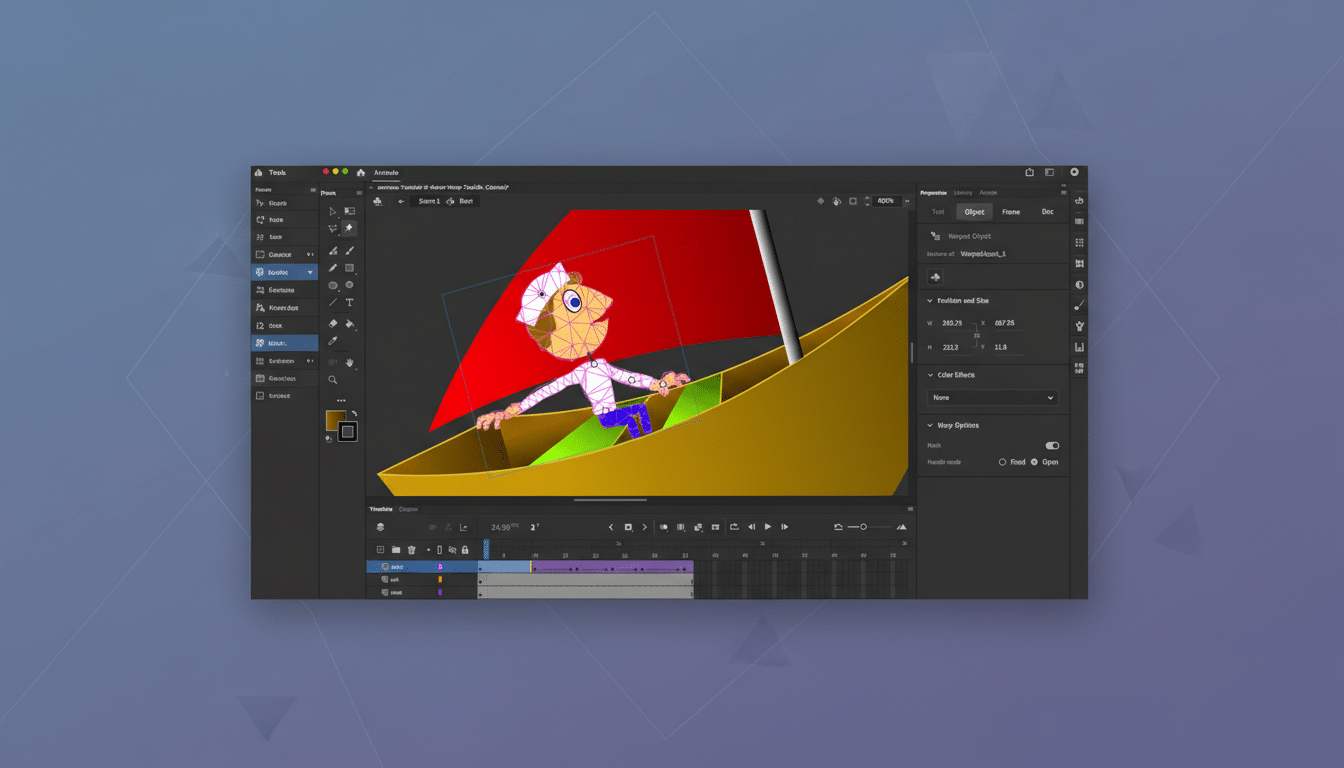 A screenshot of Adobe Animate with a cartoon character in a boat, being edited. The interface shows tools, properties, and a timeline.