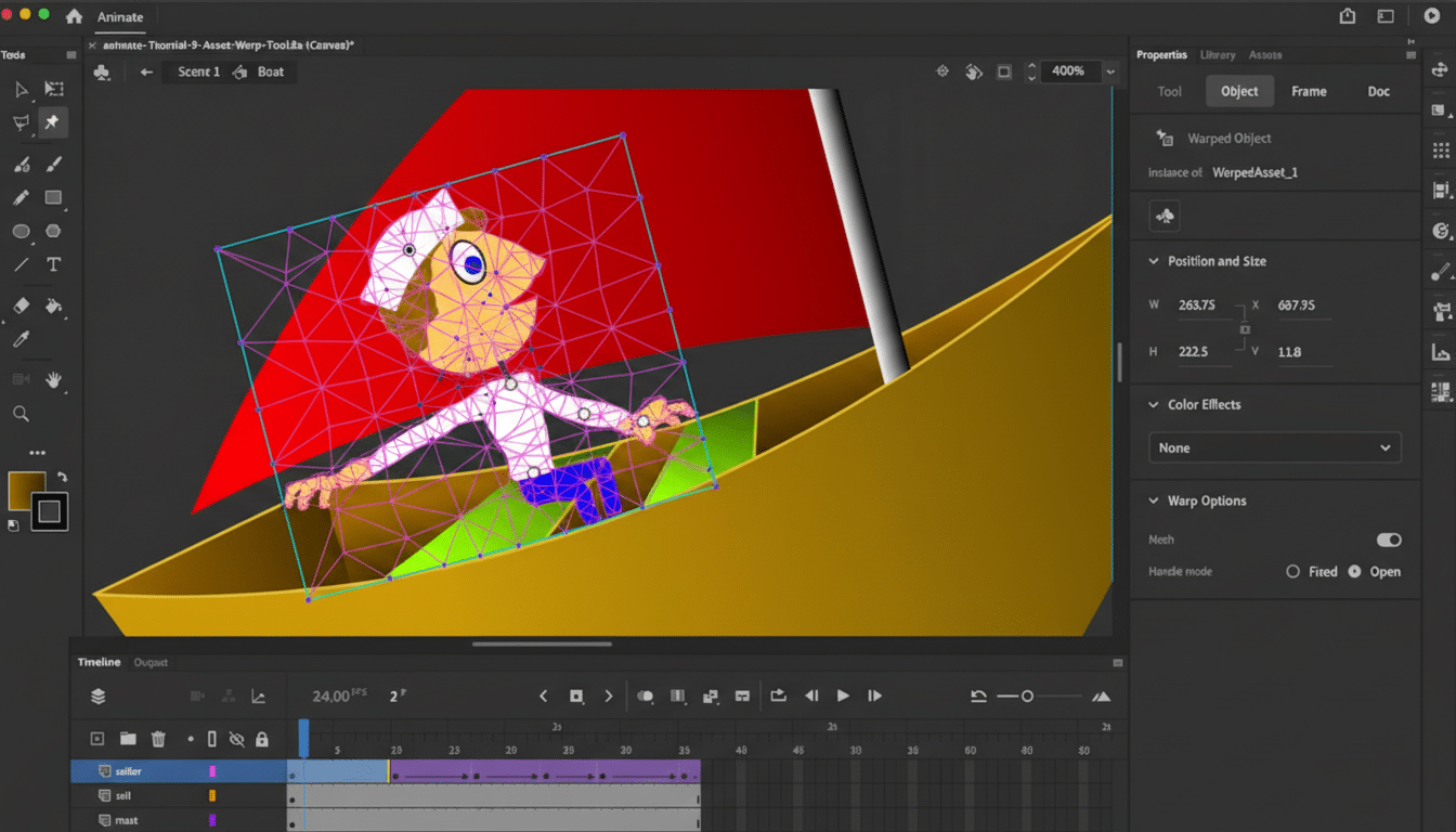 A screenshot of Adobe Animate showing a cartoon character in a boat with a red sail, being edited with a mesh warp tool.
