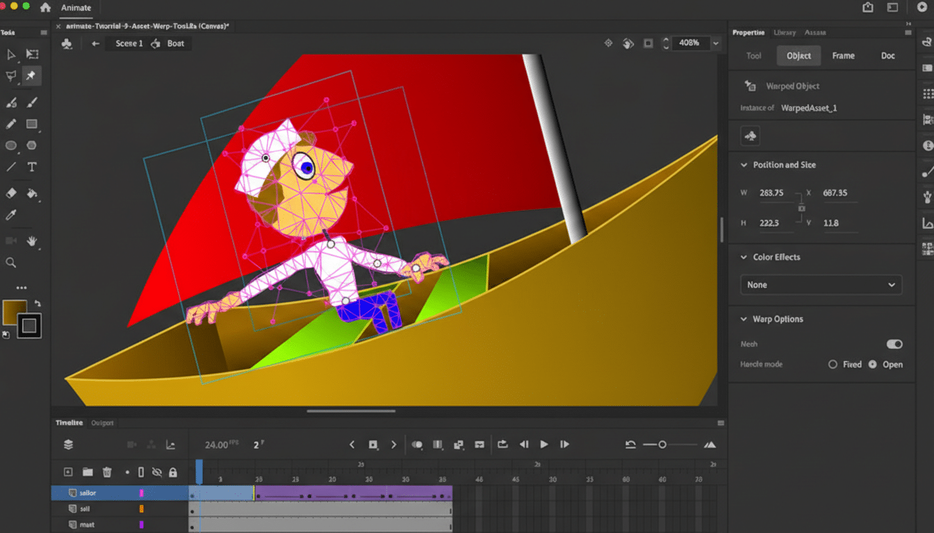 A screenshot of Adobe Animate software showing a cartoon character in a boat with a red sail, being edited with a mesh warp tool.