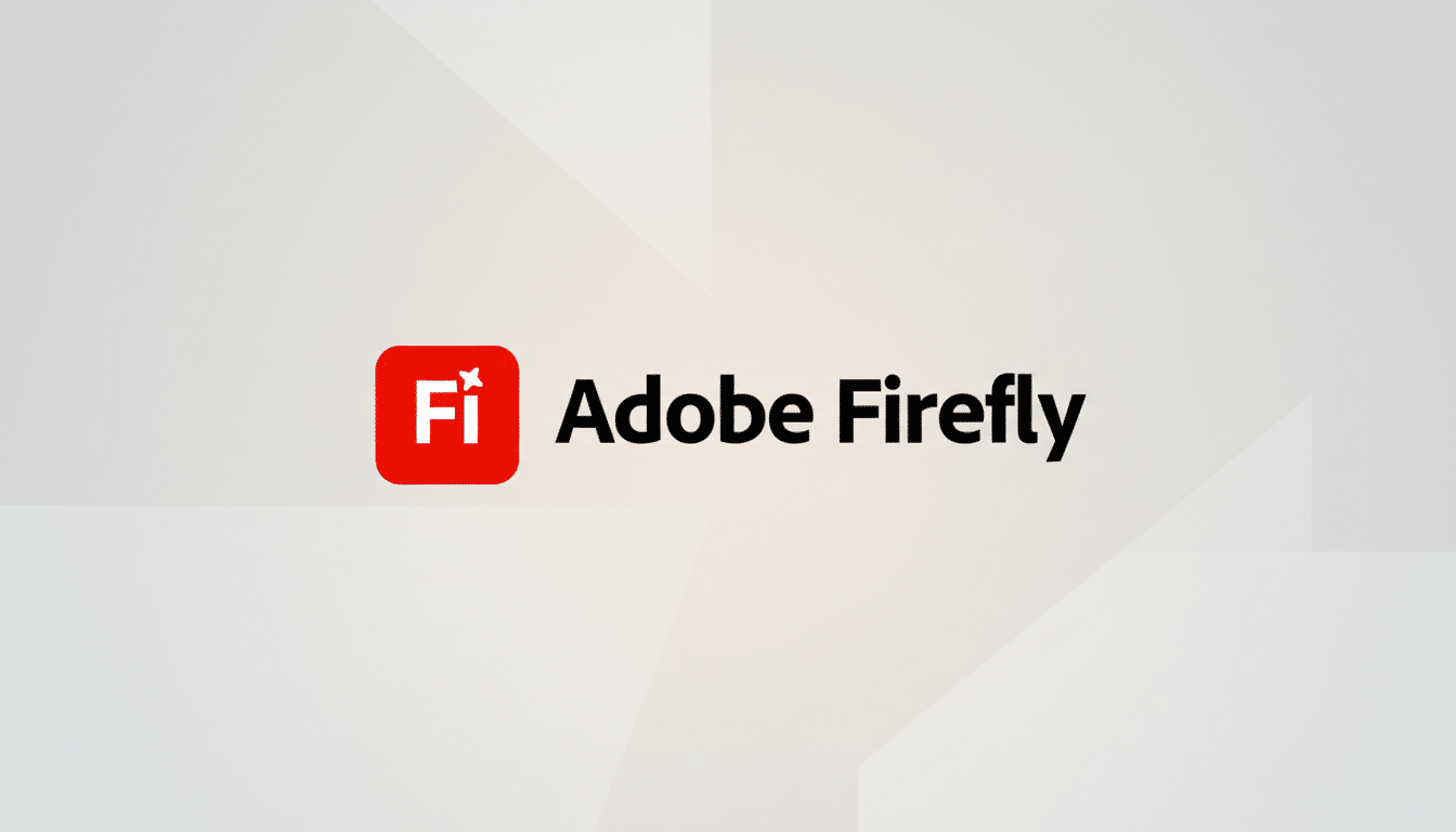 The Adobe Firefly logo, featuring a red square icon with a white Fi and a star, alongside the text Adobe Firefly in black, set against a professional light gray background with subtle geometric patterns.