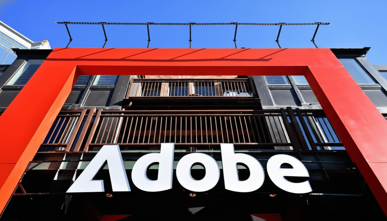 The Adobe logo is prominently displayed on the front of a building, framed by a large red architectural element.