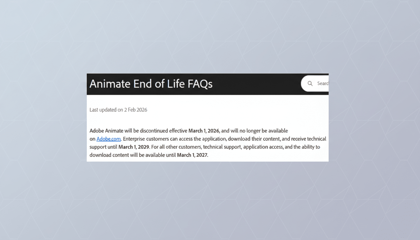 A screenshot of the Animate End of Life FAQs page, stating that Adobe Animate will be discontinued effective March 1, 2026. The page details support timelines for enterprise and other customers, with a professional flat design background.
