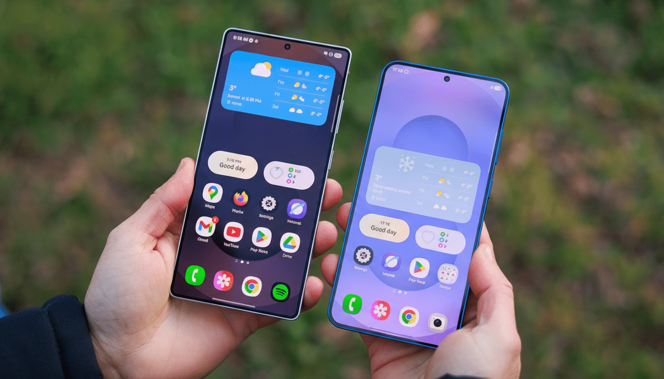Two hands holding two smartphones, one with a dark interface and the other with a light purple interface, against a blurred green background.