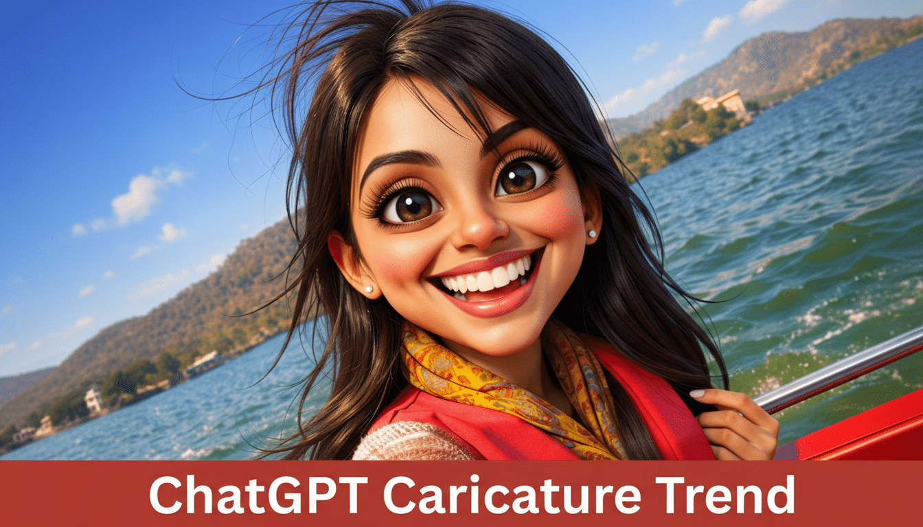 A 16:9 aspect ratio image of a smiling cartoon woman with dark hair and large eyes, wearing a red vest and a yellow patterned scarf, on a boat with a lake and mountains in the background. The text ChatGPT Caricature Trend is at the bottom.