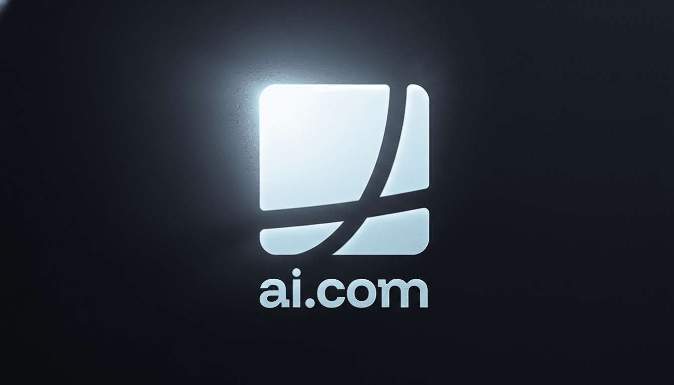The ai.com logo, featuring a stylized white square with a curved line through it, and the text ai.com below, set against a dark background with a subtle light flare.