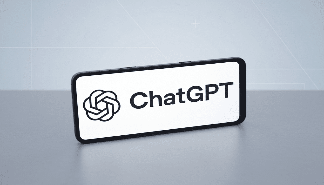 A smartphone displaying the ChatGPT logo and name on a white screen, set against a professional flat design background with subtle grid patterns.