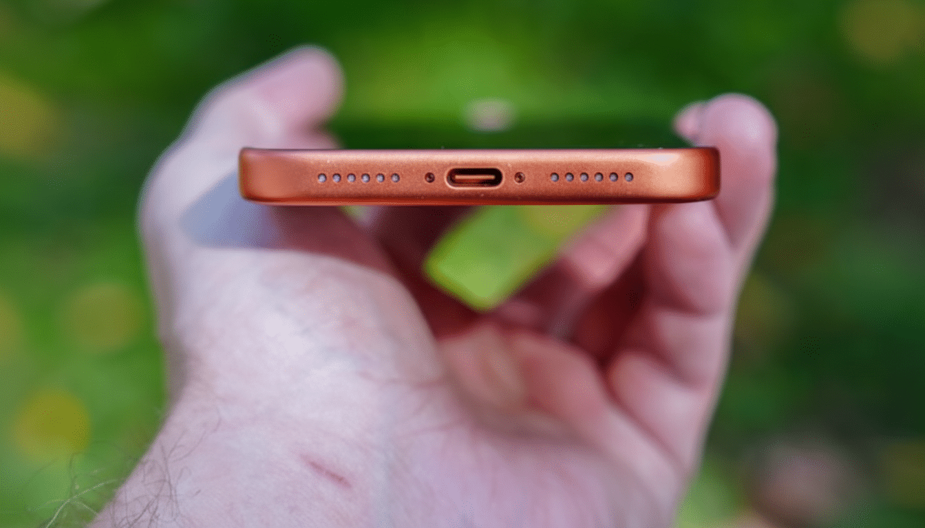 A hand holding a copper-colored smartphone, showcasing its charging port and speaker grilles against a blurred green background.