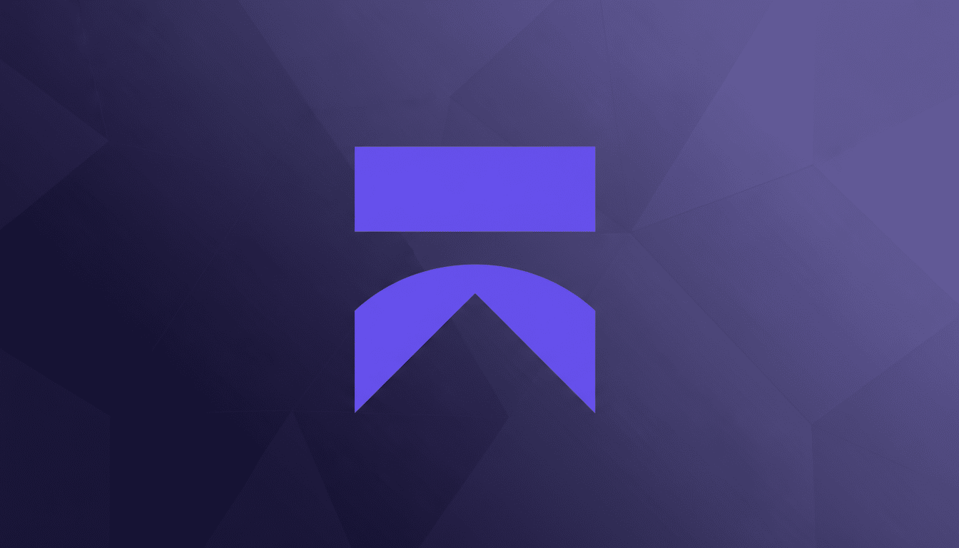 A purple abstract logo on a dark purple background with subtle geometric patterns.