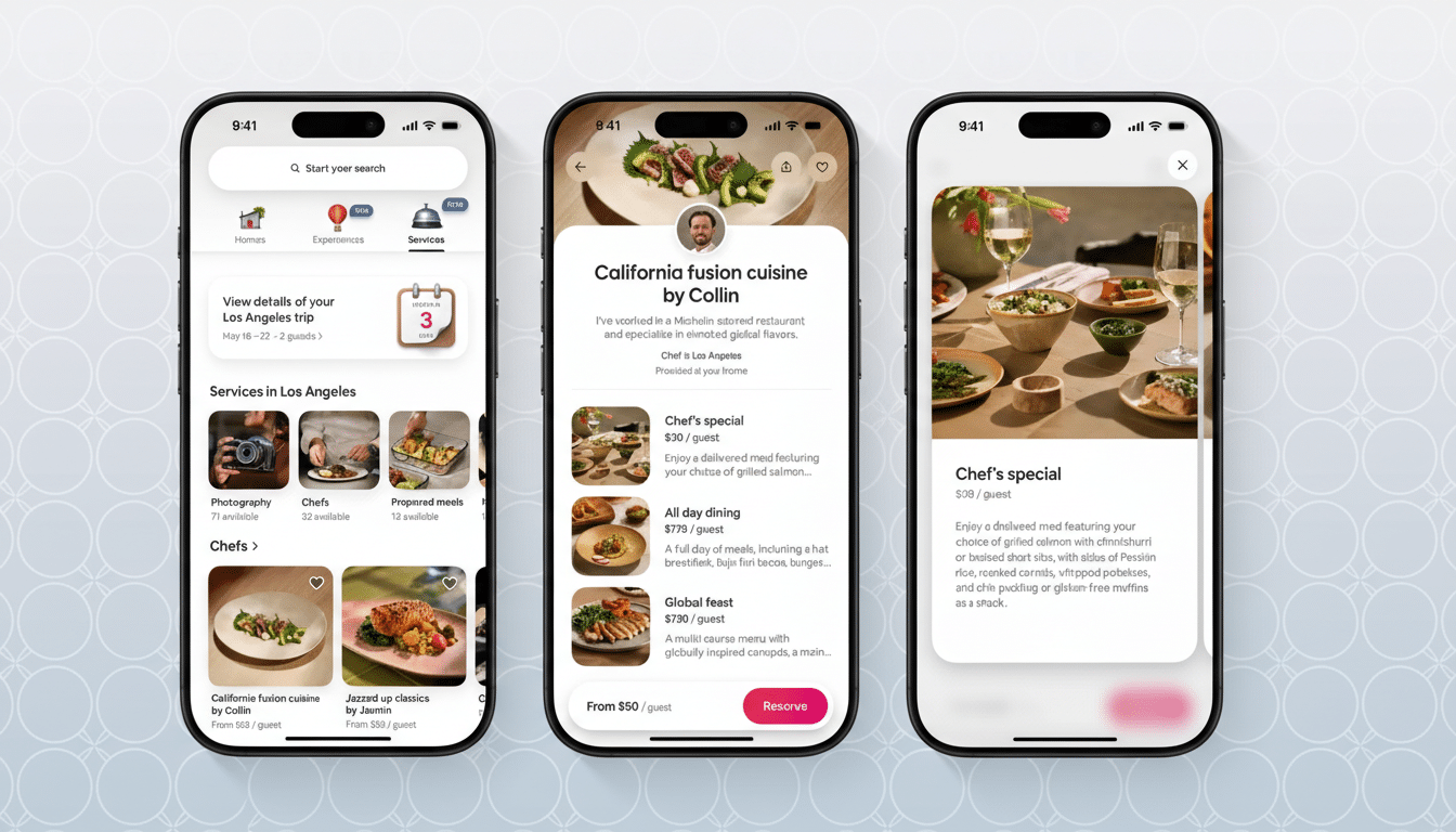 Three iPhone screens displaying a food delivery app interface. The left screen shows categories like Photography, Chefs, and Prepared meals. The middle screen details a California fusion cuisine chef with menu items like Chefs special and Global feast. The right screen shows a close-up of a Chefs special dish with a description. The background is a subtle, light gray pattern.