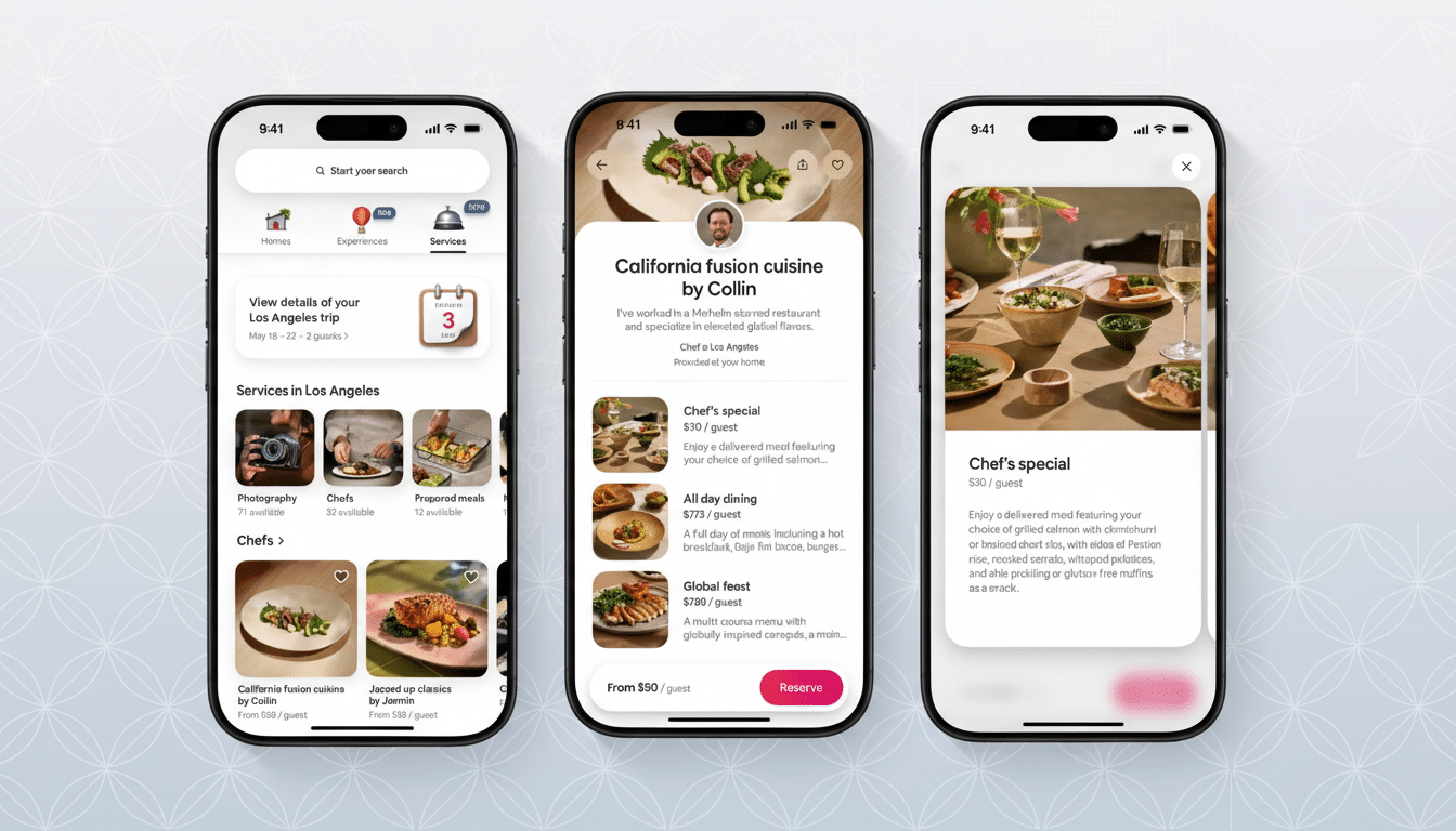 Three iPhones displaying a food delivery app interface. The left phone shows a home screen with service categories, the middle phone displays details for California fusion cuisine by Collin, and the right phone shows a Chefs special dish.