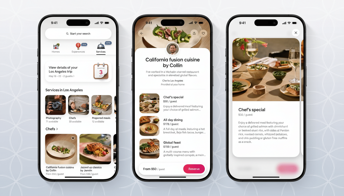 Three iPhones displaying a food delivery app interface. The left phone shows a home screen with categories like Homes, Experiences, and Services, highlighting Chefs with various food options. The middle phone displays a California fusion cuisine chefs profile with different meal packages. The right phone shows details of a Chefs special dish with a close-up image of the food.