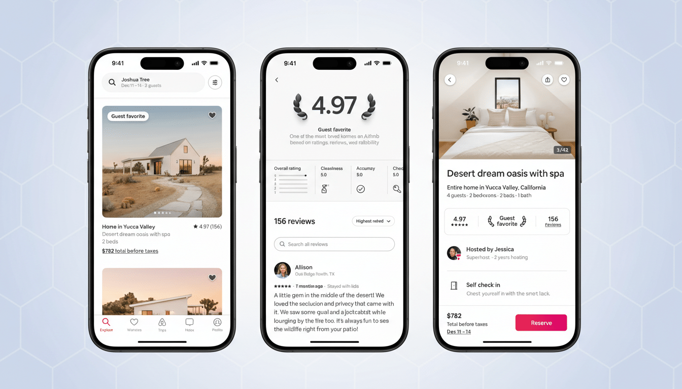 Three iPhone screens displaying an Airbnb listing for Desert dream oasis with spa in Yucca Valley. The first screen shows the listings main image of a modern white house in a desert landscape, with details like price and guest favorite badge. The second screen shows the guest rating of 4.97 and 156 reviews, with a detailed review from Allison. The third screen shows the listing details, including the host, check-in information, and a Reserve button.