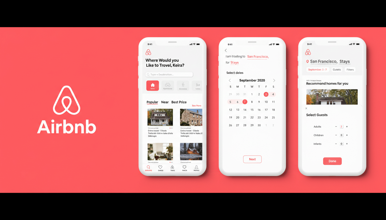 A 16:9 aspect ratio image showcasing the Airbnb logo and three iPhone screens displaying the Airbnb app interface. The first screen shows the home page with property listings, the second shows a calendar for selecting dates in September 2020, and the third shows guest selection options. The background is a solid red with a subtle gradient.