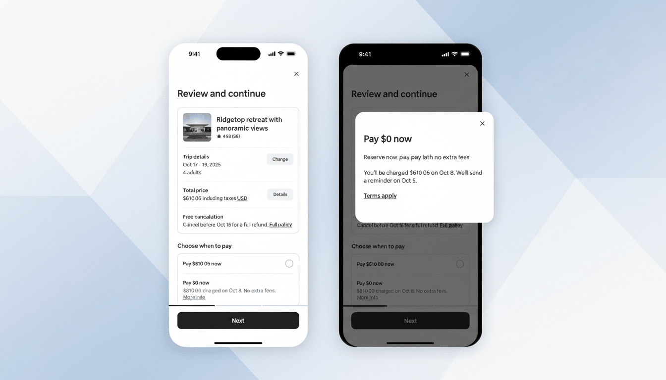 A 16:9 aspect ratio image showing two mobile phone screens side-by-side, displaying a Review and continue booking interface. The left screen shows trip details and payment options, while the right screen shows a pop-up for Pay $0 now.
