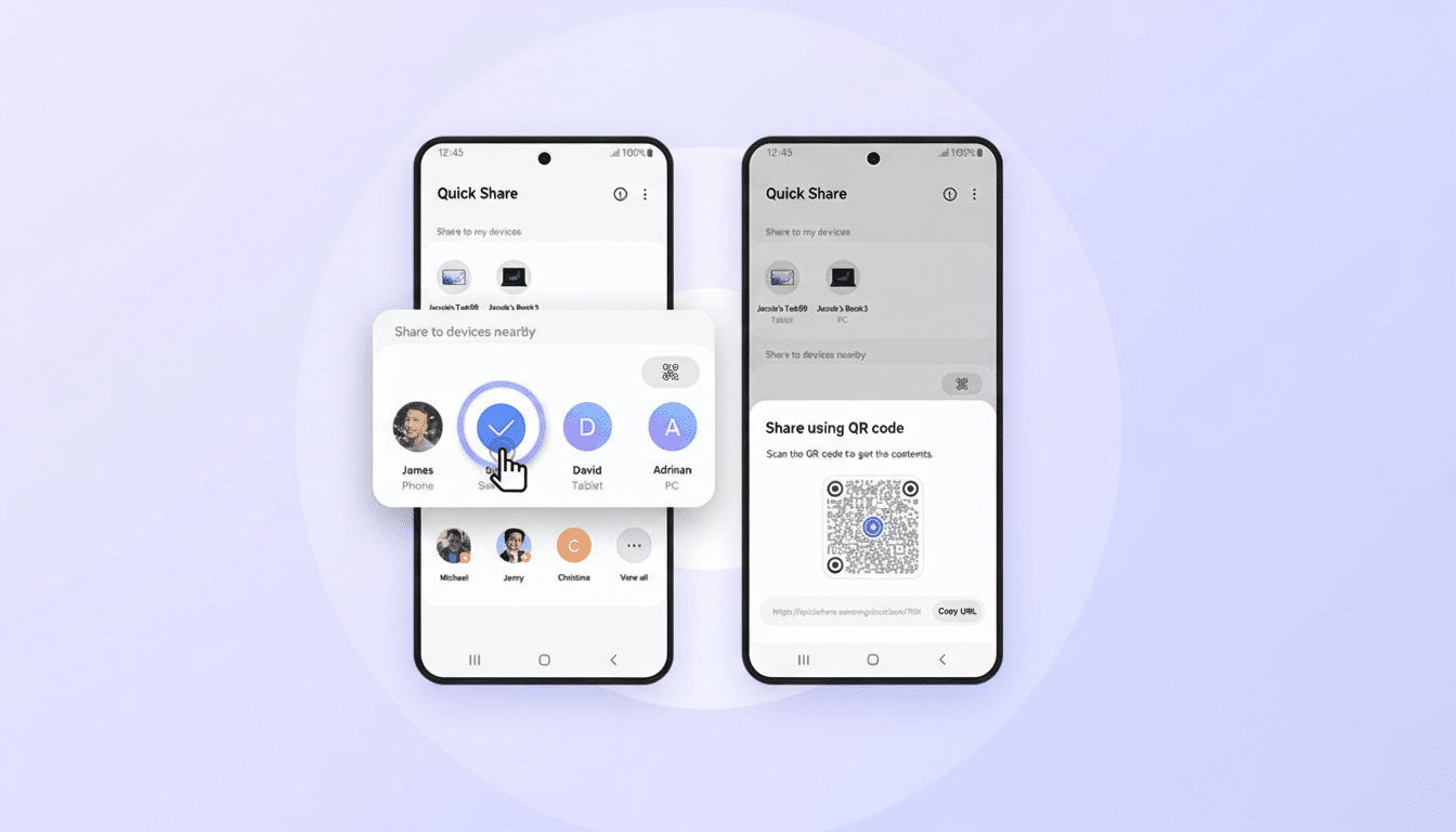 Two smartphones displaying the Quick Share feature. The left phone shows a pop-up for sharing to nearby devices, with a hand icon selecting David Tablet. The right phone displays a QR code for sharing.
