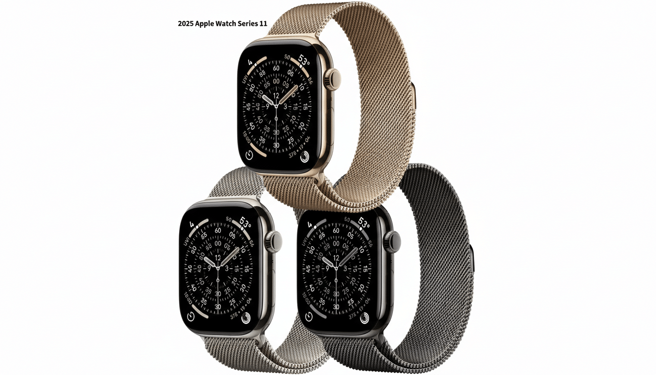 Three Apple Watch Series 11 models with metallic mesh bands, presented on a clean white background.