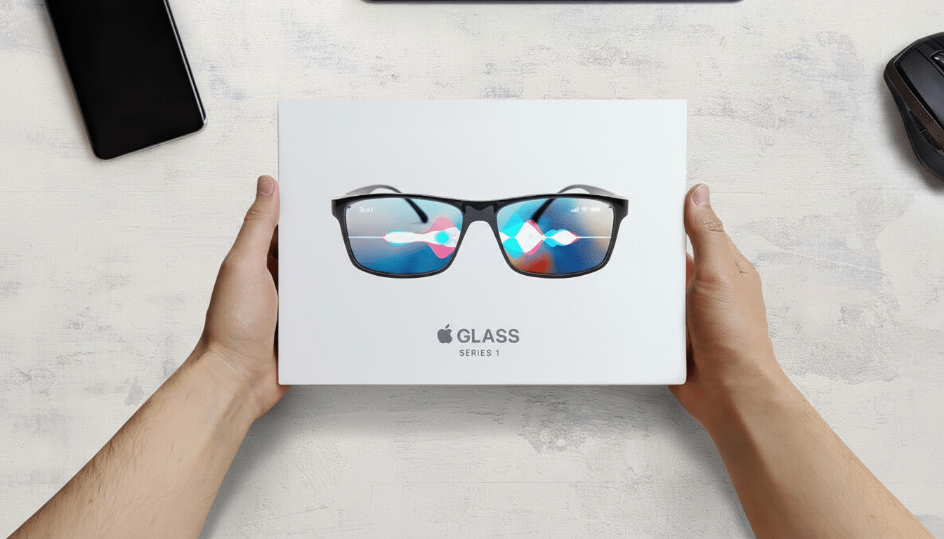 A pair of hands holding a white box for Apple Glass Series 1 smart glasses, with a smartphone and computer mouse visible on a white desk.