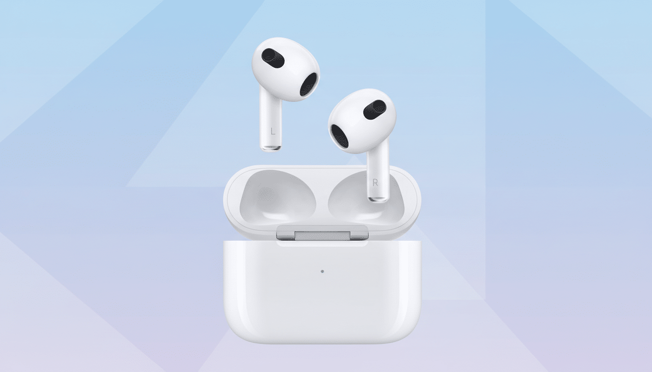 A pair of white Apple AirPods 3rd generation earbuds floating above their open charging case, set against a professional 16:9 aspect ratio background with soft blue and purple geometric patterns.