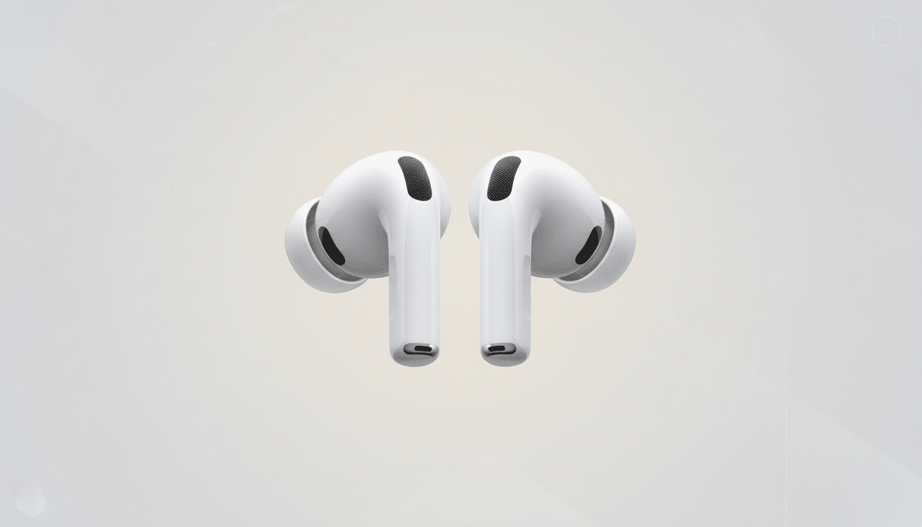 A pair of white Apple AirPods Pro earbuds are shown against a professional light gray background with subtle, soft patterns.