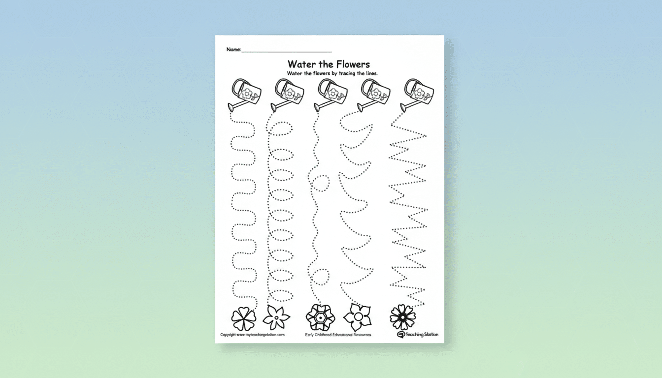 A worksheet titled Water the Flowers with five columns, each showing a watering can at the top and a flower at the bottom, connected by a dotted line for tracing. The background is a soft gradient of blue and green.