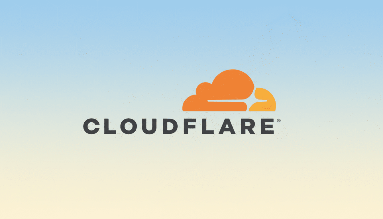 The Cloudflare logo, featuring an orange cloud icon and the word CLOUDFLARE in dark gray, centered on a professional 16:9 aspect ratio background with a soft blue and yellow gradient and subtle hexagonal patterns.