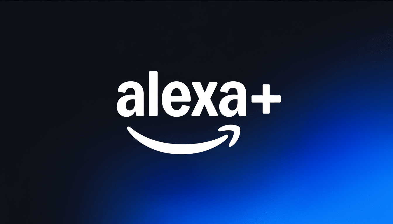 The Alexa+ logo, featuring the word alexa in white lowercase letters followed by a white plus sign, with the Amazon smile logo underneath, all set against a gradient background that transitions from dark blue on the left to a brighter blue on the right.