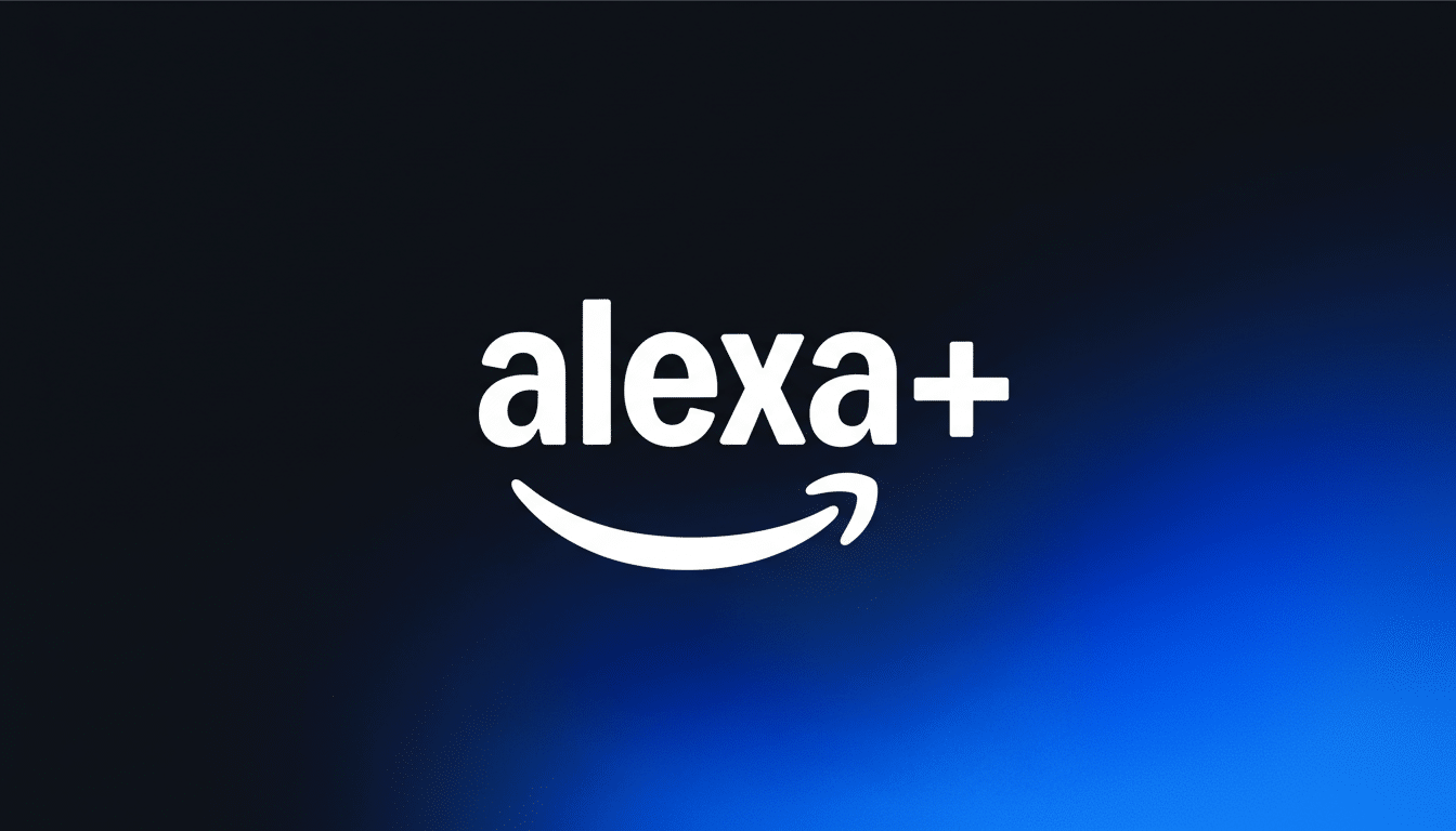 The Alexa+ logo, featuring the word alexa in white lowercase letters followed by a white plus sign, with the Amazon smile logo underneath, all set against a dark blue and black gradient background.