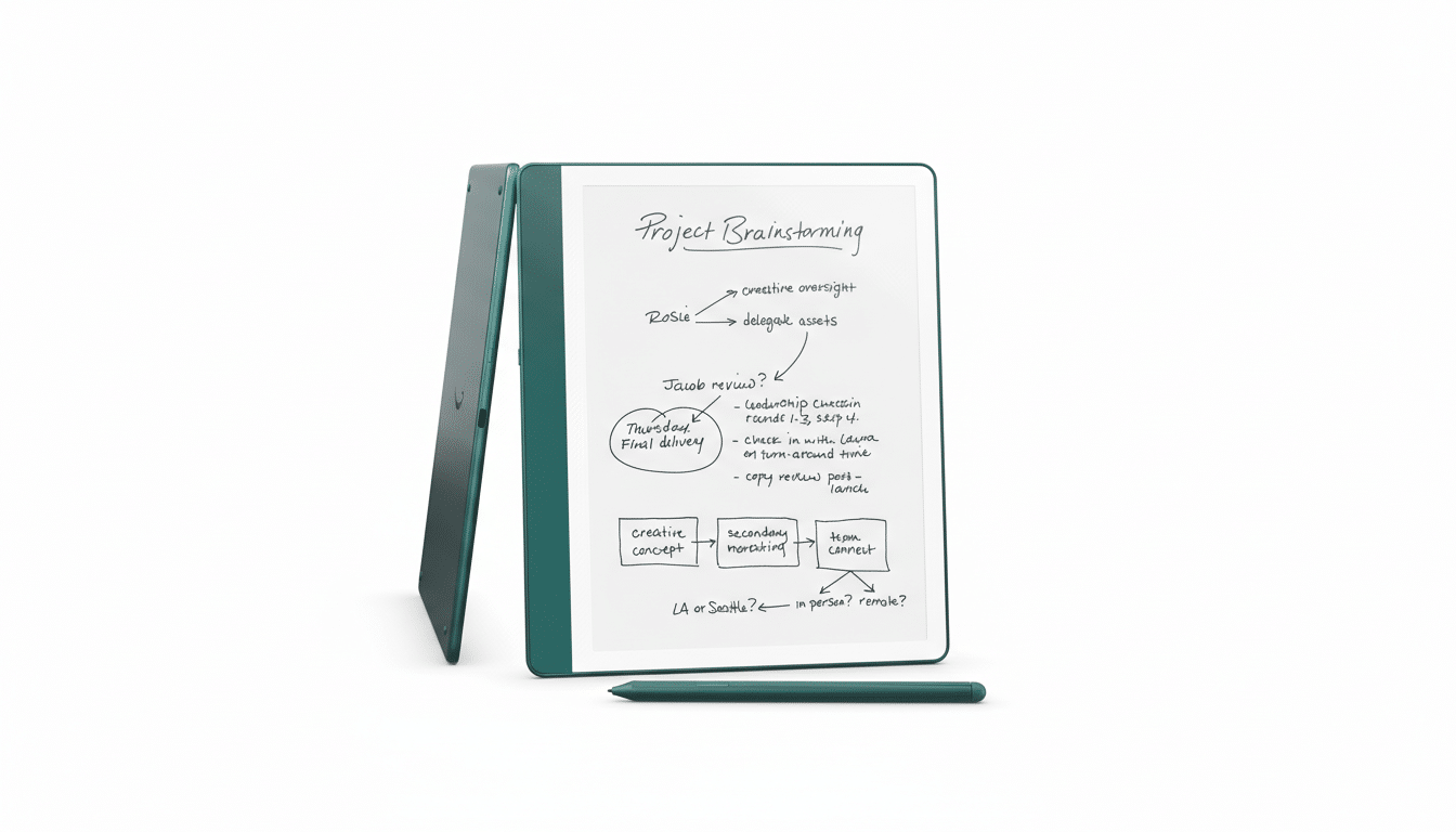 A reMarkable 2 tablet with a green cover and a stylus, displaying a Project Brainstorming flowchart on its screen, set against a clean white background.