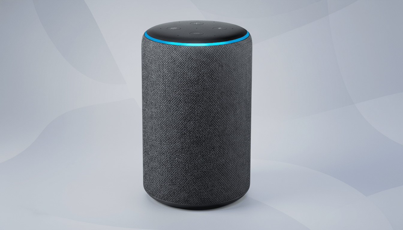 A dark gray Amazon Echo speaker with a glowing blue light ring at the top, set against a professional light gray background with subtle wave patterns.
