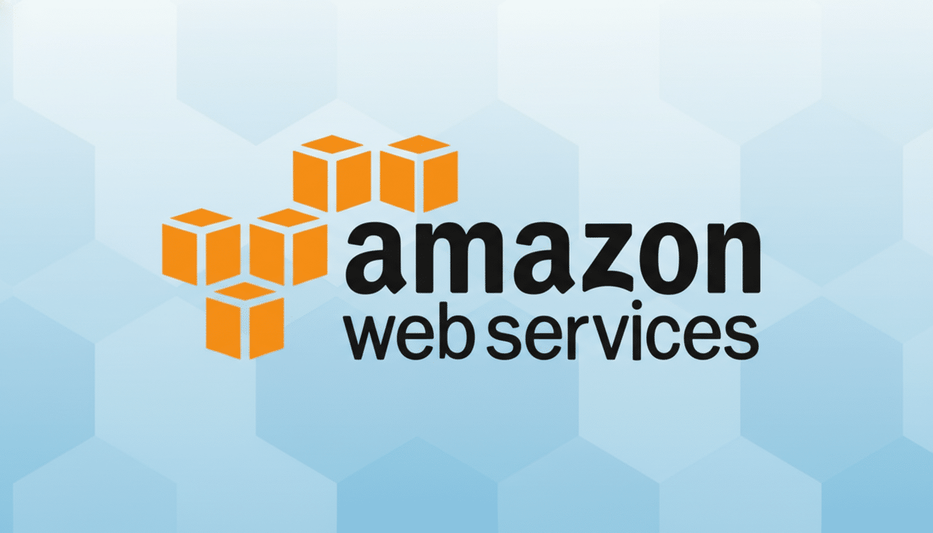 The Amazon Web Services logo, featuring orange cubic shapes and black text, set against a professional light blue background with subtle hexagonal patterns.