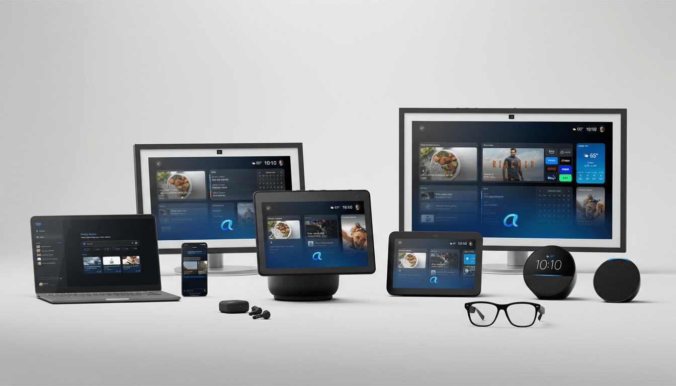 A collection of smart home devices, including displays, a laptop, a smartphone, earbuds, and smart speakers, arranged on a white surface.