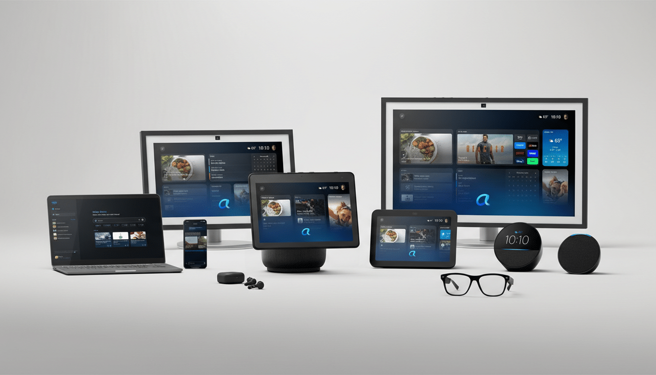 A collection of smart home devices including screens, a laptop, a smartphone, earbuds, and smart speakers, all displaying a consistent user interface, arranged on a light gray surface.