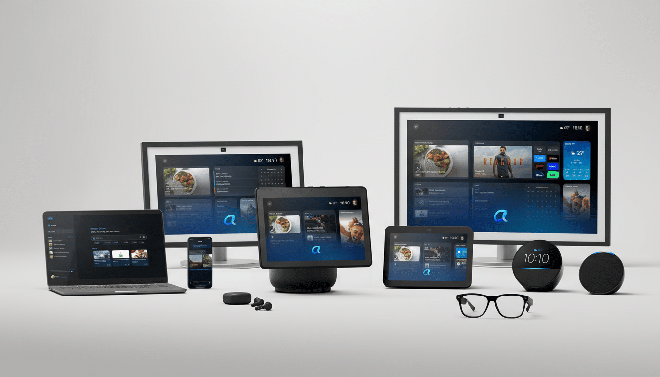 A collection of smart home devices including laptops, tablets, smart displays, earbuds, and smart speakers, all displaying a consistent user interface with weather, calendar, and media information.
