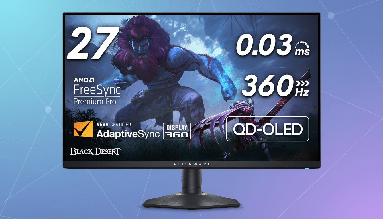 A 16:9 aspect ratio image of an Alienware gaming monitor displaying a scene from the game Black Desert, with various gaming specifications overlaid. The monitor is set against a professional flat design background with soft patterns and gradients.