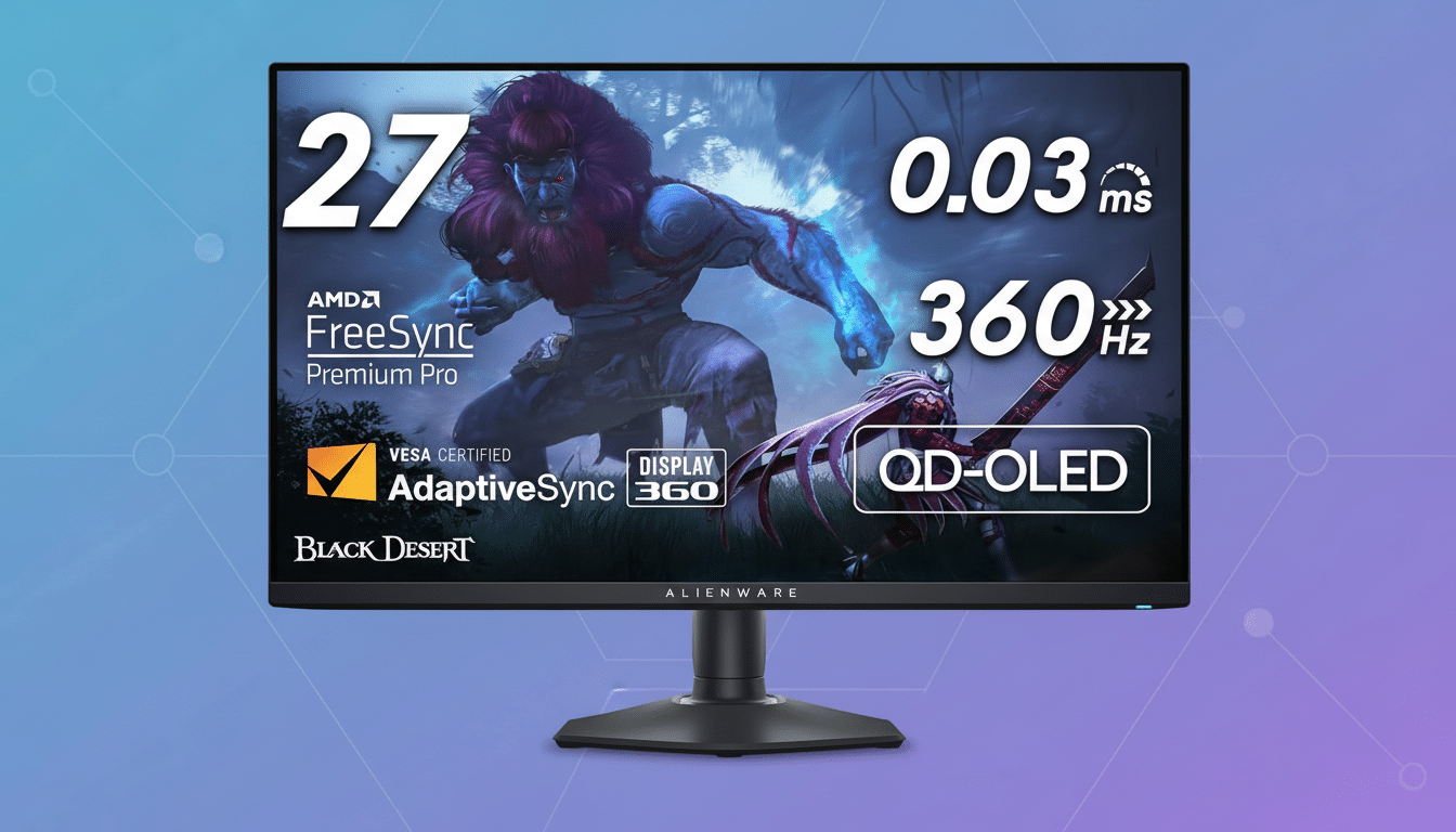 An Alienware gaming monitor displaying a scene from the game Black Desert, with specifications like 27 inches, 0.03ms response time, 360Hz refresh rate, AMD FreeSync Premium Pro, VESA Certified AdaptiveSync, and QD-OLED technology. The monitor is set against a professional flat design background with soft patterns and gradients.