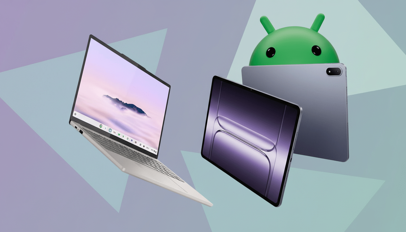 A laptop, a tablet, and the Android logo are displayed against a professional flat design background with soft patterns and gradients.