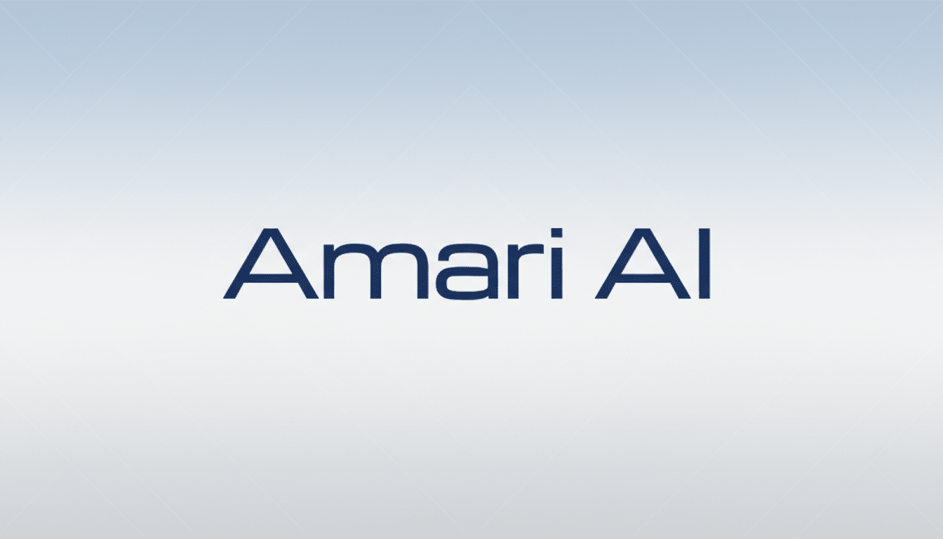 The Amari AI logo, featuring the words Amari AI in a dark blue sans-serif font, centered on a light blue and white gradient background with subtle geometric patterns.