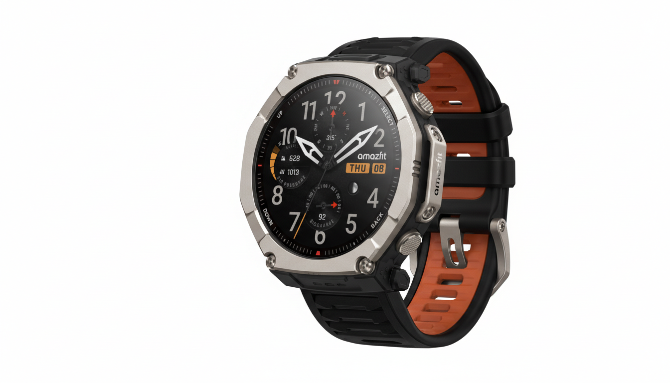 A professional image of an Amazfit smartwatch with a silver bezel and black and orange strap, presented on a clean white background.