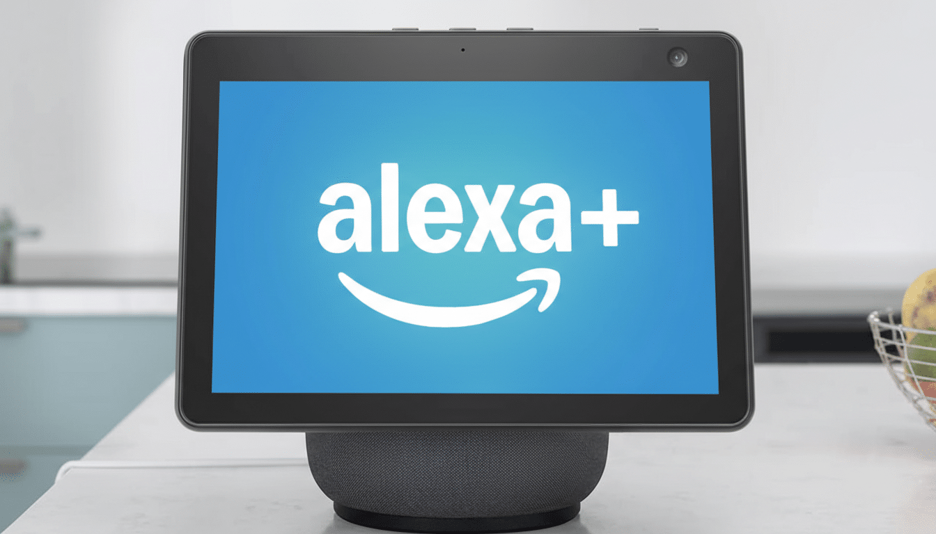 An Amazon Echo Show device displaying the alexa+ logo on its screen, set on a kitchen counter.