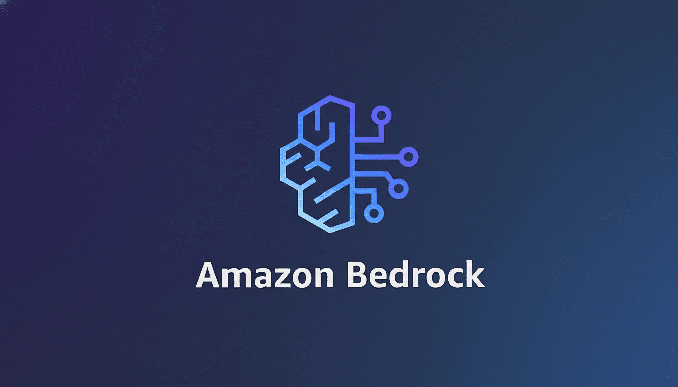 The Amazon Bedrock logo, featuring a stylized brain icon in blue and purple gradients, with the text Amazon Bedrock below it, set against a dark blue background with a subtle gradient.