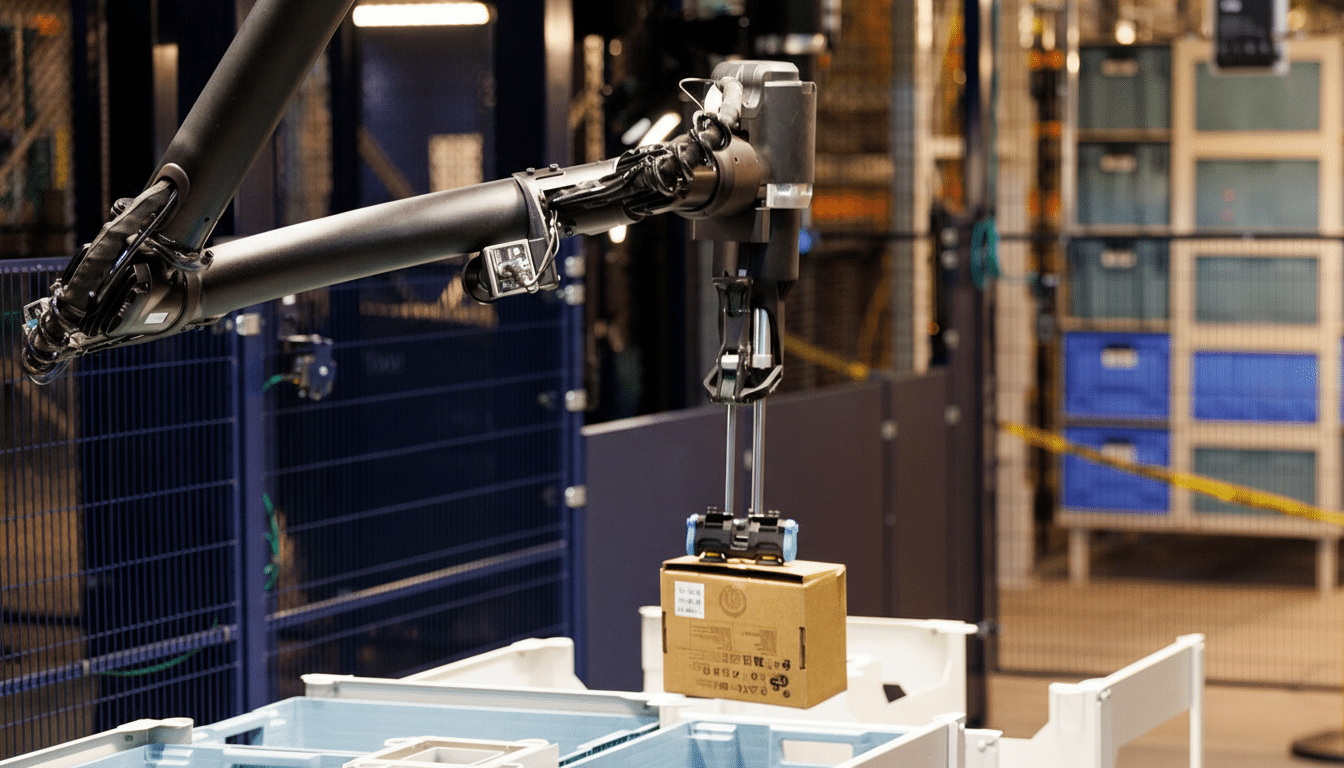 A robotic arm in a warehouse setting is precisely placing a small cardboard box into a light blue bin.
