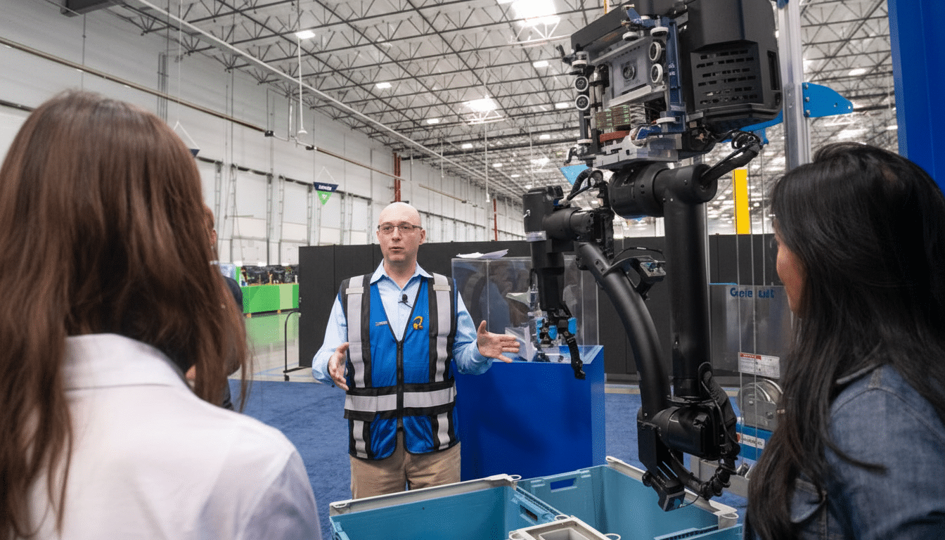 A man in a blue and yellow vest speaks to two women in a large industrial setting, with a robotic arm to his right.
