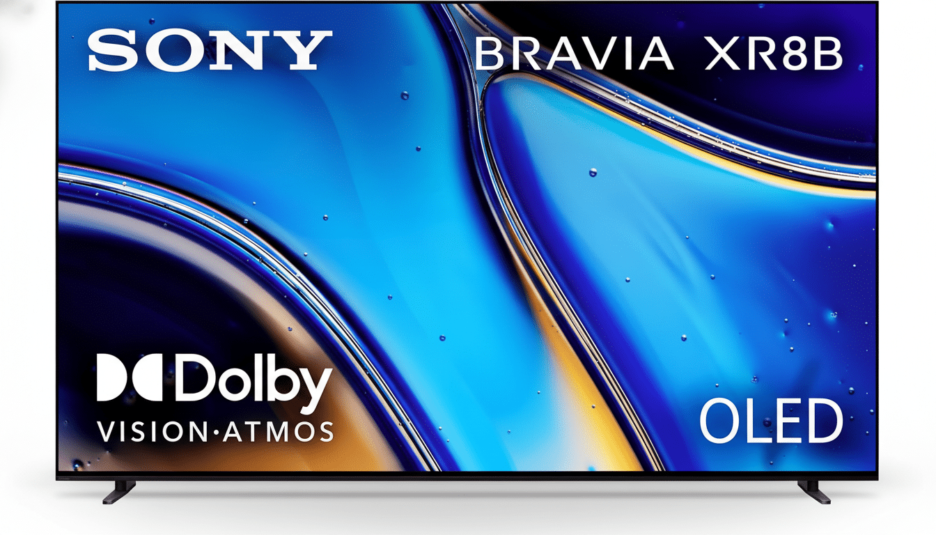 A Sony Bravia XR8B OLED TV with Dolby Vision Atmos branding, set against a clean white background.