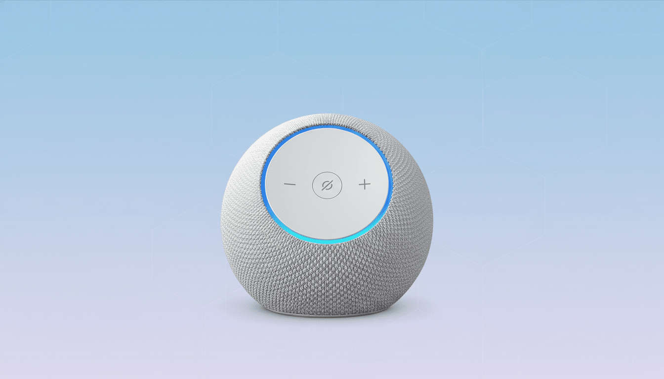 A white, spherical smart speaker with a glowing blue light ring and control buttons on top, set against a professional light blue and purple gradient background with subtle hexagonal patterns.