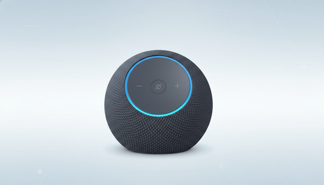 A dark gray spherical smart speaker with a glowing blue ring around its top control panel, set against a light blue and white gradient background with subtle hexagonal patterns.